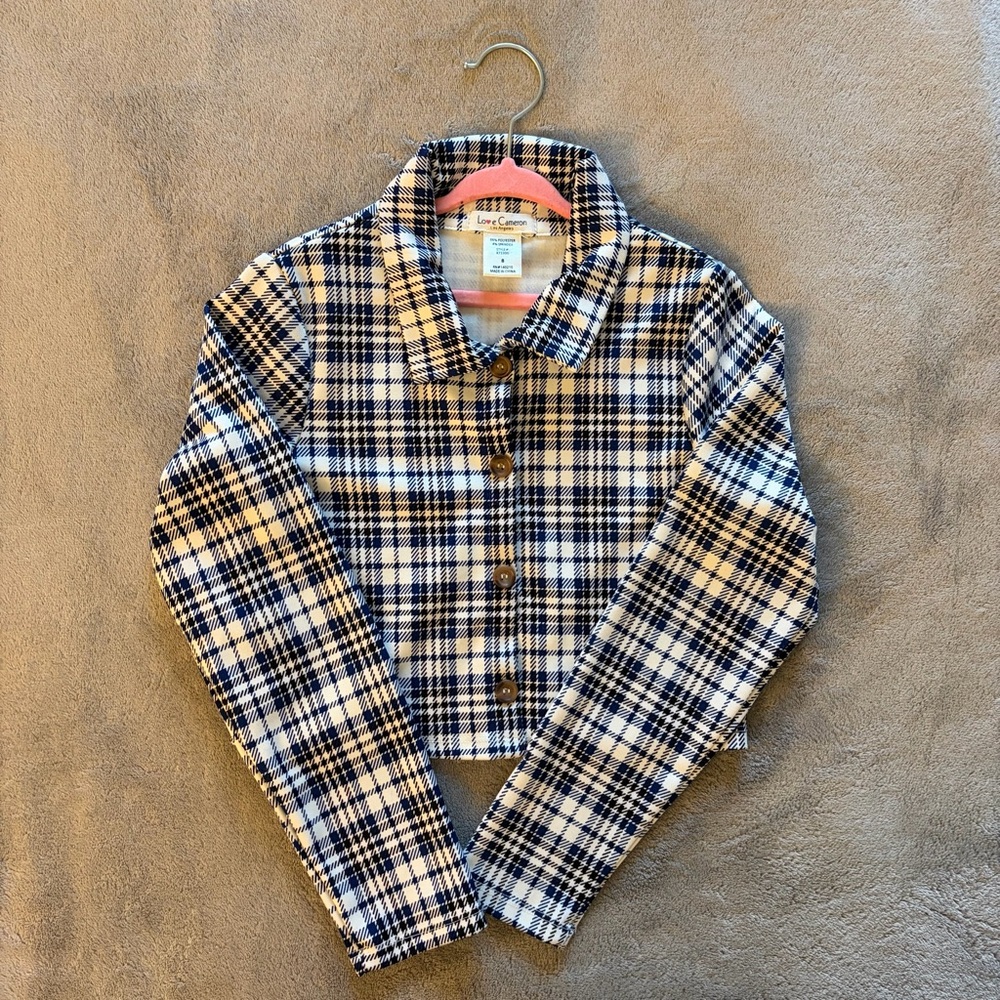 Love Cameron Girls Plaid Cropped Blazer Jacket Size 8 Navy White Checkered